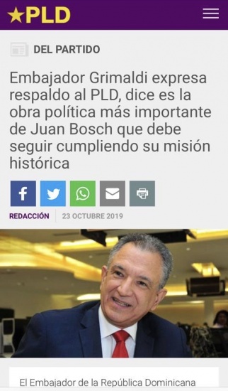 Embajador Grimaldi expresa respaldo al PLD, dice es obra política más importante de Juan Bosch 