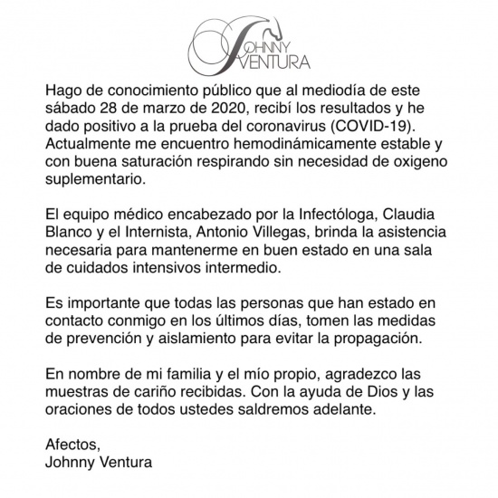 Johnny Ventura se recupera de fractura tras caída, pero informa dio positivo al coronavirus