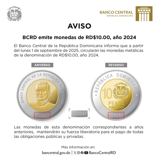 Banco Central pondrá en circulación monedas de RD$10 año 2024 a partir de este lunes